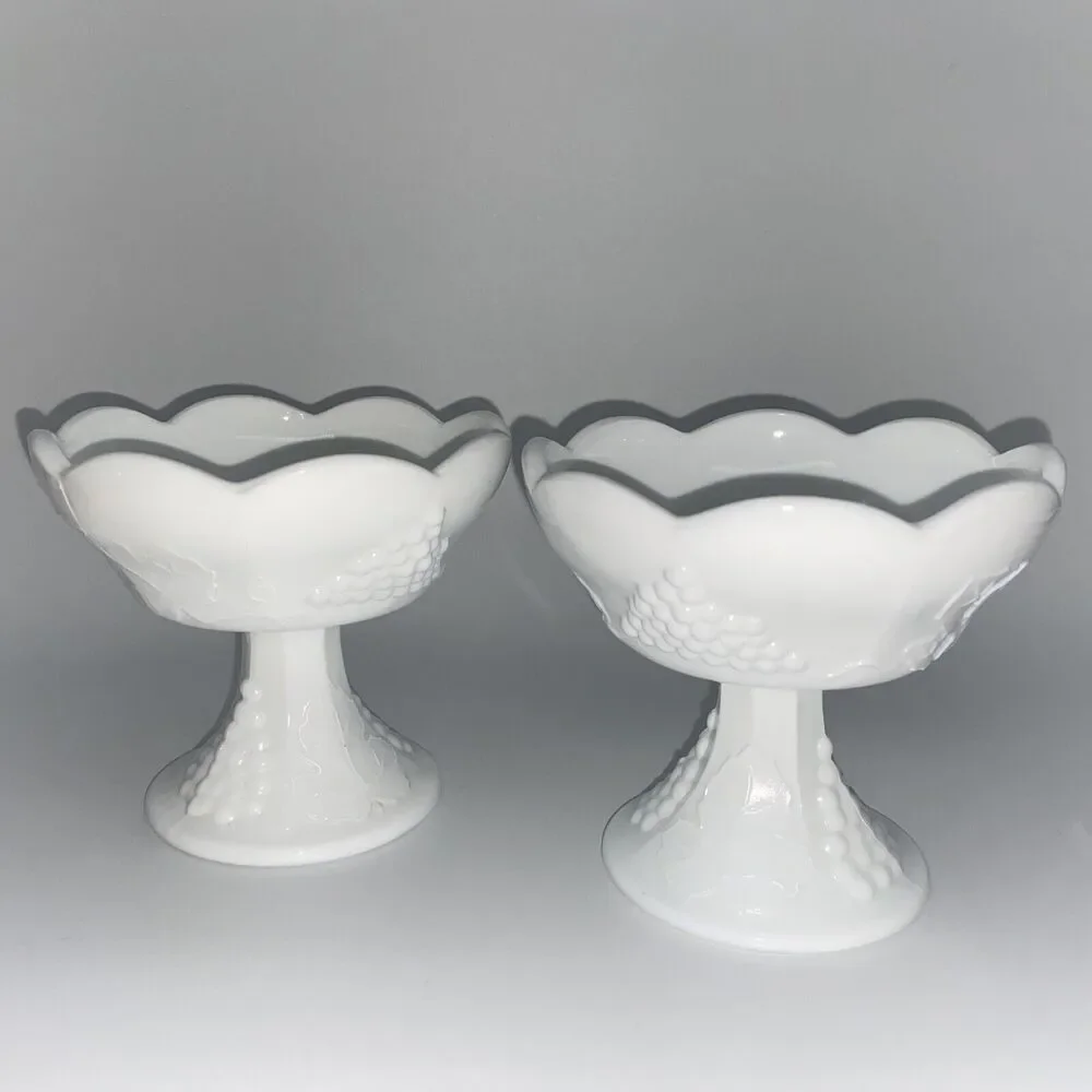 Pair of Vintage Indiana Colony Harvest Grape Milk Glass Pedestal Candle Holder